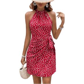 Floerns Women's Allover Print Sleeveless Halter Neck Wrap Front Boho Short Dress