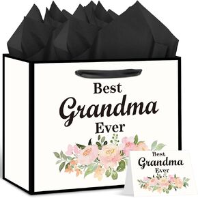 Gifts for Grandma, Grandma Birthday Gift Bags for Grandmother Birthday Party Decoration Best Grandma Ever Wrapping Bags with Tissue Paper Greeting Card for Grammy Birthday Anniversary Thanksgiving