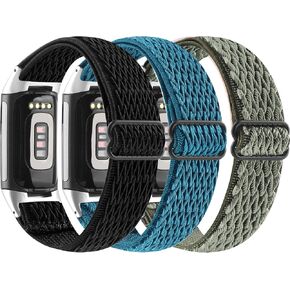 【3Pack】Kabbba Elastic Watch Band Compatible with Fitbit Charge 5/Charge 6,Stretch Woven Soft Nylon Sport Breathable Wristband Replacement Women Men for Fitbit Charge