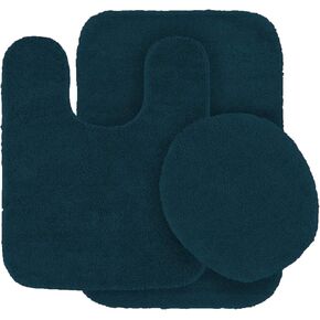 Better Home Style 3 Piece Bathroom Rug Set Bath Rug, Contour Mat, & Lid Cover Non-Slip with Rubber Backing Solid Color (Aqua/Marine Blue)