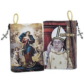 Catholic Our Lady Undoer of Knots & Pope Francis Icon Cloth Tapestry Rosary Zipper Close Pouch 5 3/8 Inch