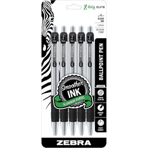 Zebra Pen Z-Grip Elite Retractable Ballpoint Pen Metal Barrel Medium Point 1.0mm Black Ink 5-Pack 27615