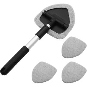 Car Window Cleaner Kit Windshield Cleaning Tool with Extendable Long Handle and 3 Washable Reusable Microfiber Pads, Blue