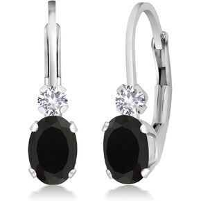 Gem Stone King 925 Sterling Silver Black Onyx and White Created Sapphire Leverback Earrings For Women (0.86 Cttw, Gemstone December Birthstone, Oval 6X4MM, Round 2MM, 3/4 Inch)