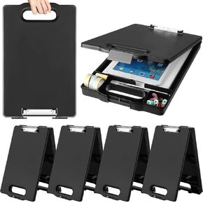 6 Pcs Heavy Duty Clipboard with Storage and Handle Plastic Compartments Built-in Pen Holder Large Capacity Foldable Clipboard with Storage and Clip, 9.8x15.3(Black)