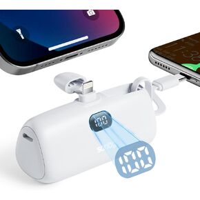 Sanag Portable Charger PD Fast Charging Mini Power Bank 5000mAh Charger with Built-in Cable Stand and LED Display Powerbank Compatible with iPhone 15/14/13/12 Pro Max Samsung Android Phones
