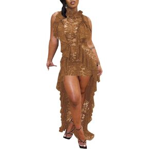 SEMATOMALA Women's Sheer Floral Lace Irregular Ruffle Dress Sleeveless Mock Neck High Low Sexy Slim Club Dress