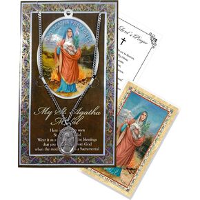 Breast Cancer Saint Necklace - Saint Agatha Pendant, St Agatha Prayer Card, Lord's Prayer Card | St Agatha Necklace Medal Jewelry | Patron Saint of Nurses, Sicily, Cancer Patients Comfort Set, 3 Items