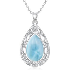 Larimar Necklace 925 Sterling Silver Filigree Pendant Teardrop Larimar Jewelry Gifts for Women Birthday Mother's Day Christmas