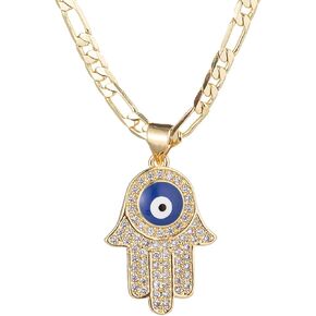 14K Gold Plated Evil Eye Hamsa Hand Necklace for Women Men | Gold Cubic Zirconia Inlay Evil Eye Pendant Necklace | 3mm Figaro Chain Necklace 18/22 inches