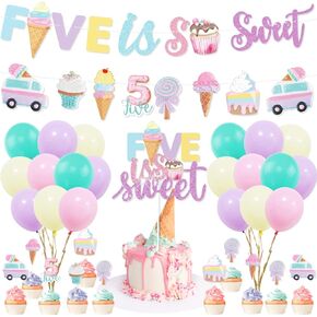 Ice Cream 5th Birthday Party Decorations, Five is So Sweet Party Banner Cake Cupcake Toppers Macaron Balloon for Summer Girls Ice Cream 5th Birthday Sweet Fifth Ice Cream Theme Birthday Party Supplies