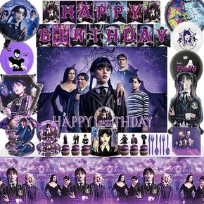 Wednesday Inspire Birthday Party Decorations, Wednesday Inspire Party Supplies Set Include Banner, Backdrop, Foil Latex Balloons, Tablecloth, Cake Toppers, Tableware