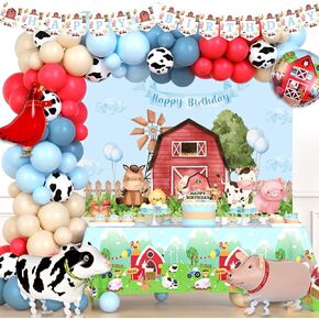 Farm Party Decorations for Boy, Blue Red Apricot Farm Animal Themed Birthday Party Decorations, Backdrop Balloon Garland Banner Tablecloth Cake Topper Cow Pig Rooster