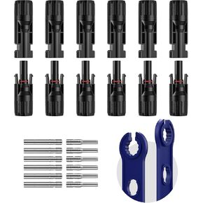 6 Pairs Solar Panel Connectors, IP67 Waterproof, 1000V 30A, 12PCS Solar Connectors (Male & Female) + 12PCS Solar Connector Pins (Male & Female) + 2PCS Spanners, Compatible with PV cables 14-10AWG