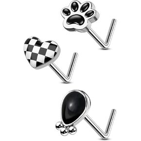 COCHARM 3pcs Black White Nose Stud 20g Checkered Nose Ring Stud Paw Heart Nose Piercing Jewelry L Bend Nose Piercing for Women Man