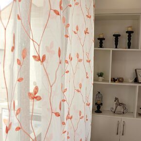 SLOW SOUL 2 Panels Pink Embroidered Leaves Sheer Curtain Faux Linen Semi Sheer Voile Window Curtains Drapes for Bedroom Living Room Rod Pocket 52W X 63L inch