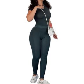 Women Casual Workout Sets 3 Pieces Lounge Wear Yoga Outfits Short Sleeve Ribbed Top Elastic High Waist Leggings
