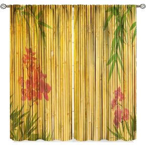 Bamboo Curtains, Bamboo Tree Image Traditional Chinese Calligraphy Style Culture Theme, Living Room Bedroom Window Drapes 2 Panel Set 42" X 45"