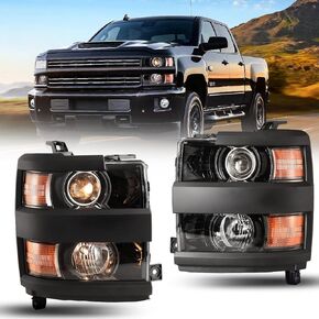 ROXX Headlights Assembly for 2015 2016 2017 2018 2019 Chevy Silverado 2500 3500, Factory OEM Headlights Replacements with High Low Beam, Amber Safety Reflector, Driver & Passenger Sides (Black)