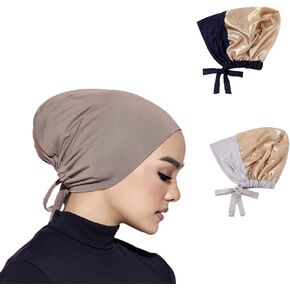 2 Pieces Muslim Satin Lining Jersey Inner Hijab Cap for Women Underscarf with Tie Bonnet Turban Hat Headband