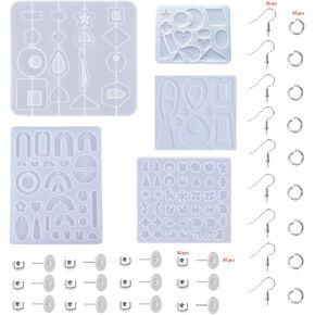 BOSOIRSOU 205 pcs Resin Jewelry Casting Mold and Earring Hooks, Silicone Pendant Molds Stud Earring Molds Bracelet Necklace Jewelry Making Kits
