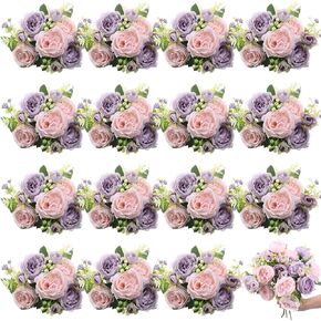 16 Bundles Artificial Peonies Silk Peonies Faux Flower Bouquet Fake Peony Flower Arrangements Table Centerpieces for Vase Wedding Party Boho Home Office Decoration Bulk (Purple)