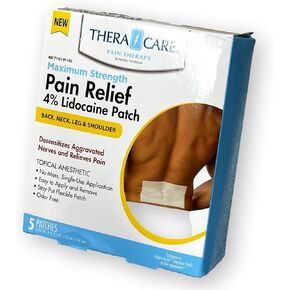 24-911 TheraCare Pain Relief 4% Lidocaine Patch, for External Use Only, Simple Adhesive Application, Odor-Free, Five 3.93" x 5.5" Individually Wrapped Patches, Single Use Only