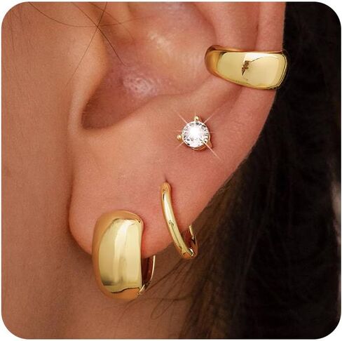 Gold Stud Hoop Earrings for Women, Dainty 14K Gold Plated Cartilage Earrings Hypoallergenic Trendy Ear Cuffs Chain Earrings Fashion Jewelry Set for Women Gifts in Saudi Arabia