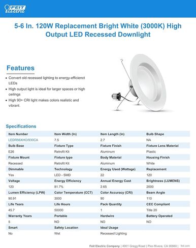 Feit Electric 5 Inch or 6 Inch LED Recessed Lighting Retrofit Downlights, 120 Watt Equivalent High Output, 2000 Lumen 5000K Daylight, Dimmable, 6 Pack LEDR56XHO/950CA/6 in Saudi Arabia