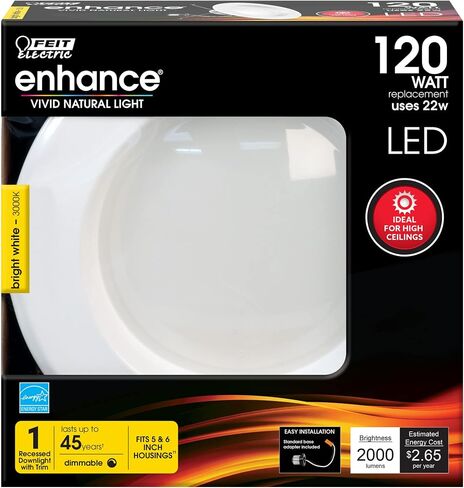 Feit Electric 5 Inch or 6 Inch LED Recessed Lighting Retrofit Downlights, 120 Watt Equivalent High Output, 2000 Lumen 5000K Daylight, Dimmable, 6 Pack LEDR56XHO/950CA/6 in Saudi Arabia