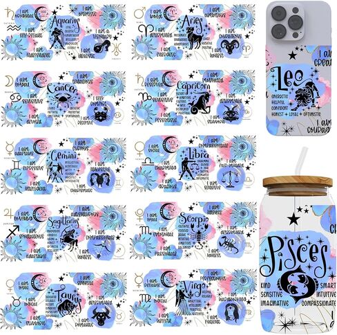 UV DTF Cup Wrap Transfer Stickers for Glass 12 Sheets UV DTF Cup Wraps for 16 OZ，for Crafting Cup Decal Stickers Glass Cups Furniture Craft Wood DIY Crafts (Twelve Constellations) in Saudi Arabia
