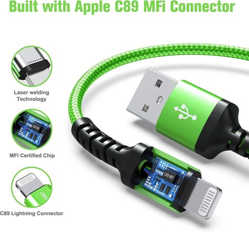 Tera Grand - Apple C89 MFi Certified Lightning to USB Braided Cable for iPhone 14/13/12/11 Pro Pro Max Plus Mini, SE XS Max XR X, 8/7/6 Plus, iPad, AirPods, 7 Ft Blue/Green in Kuwait
