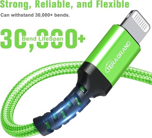 Tera Grand - Apple C89 MFi Certified Lightning to USB Braided Cable for iPhone 14/13/12/11 Pro Pro Max Plus Mini, SE XS Max XR X, 8/7/6 Plus, iPad, AirPods, 7 Ft Blue/Green in Kuwait