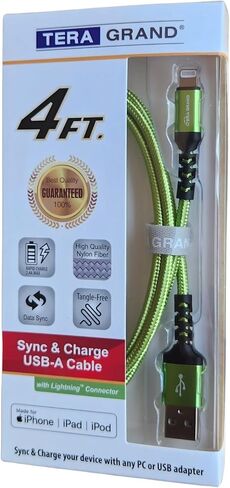 Tera Grand - Apple C89 MFi Certified Lightning to USB Braided Cable for iPhone 14/13/12/11 Pro Pro Max Plus Mini, SE XS Max XR X, 8/7/6 Plus, iPad, AirPods, 7 Ft Blue/Green in Kuwait