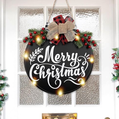 Merry Christmas Sign Decorations with LED Lights Natural Wood Red Truck Hanging Decor Christmas Reef Holiday Wreaths for Front Door Porch Wall Window Rustic Farmhouse Indoor Outdoor, White, 12 Inches in Saudi Arabia