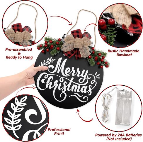 Merry Christmas Sign Decorations with LED Lights Natural Wood Red Truck Hanging Decor Christmas Reef Holiday Wreaths for Front Door Porch Wall Window Rustic Farmhouse Indoor Outdoor, White, 12 Inches in Saudi Arabia