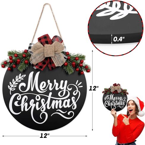 Merry Christmas Sign Decorations with LED Lights Natural Wood Red Truck Hanging Decor Christmas Reef Holiday Wreaths for Front Door Porch Wall Window Rustic Farmhouse Indoor Outdoor, White, 12 Inches in Saudi Arabia