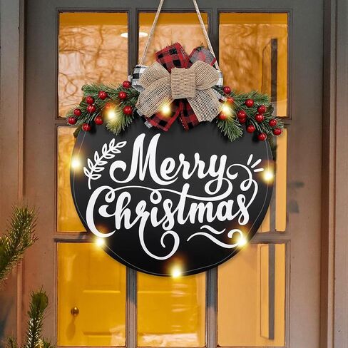 Merry Christmas Sign Decorations with LED Lights Natural Wood Red Truck Hanging Decor Christmas Reef Holiday Wreaths for Front Door Porch Wall Window Rustic Farmhouse Indoor Outdoor, White, 12 Inches in Saudi Arabia