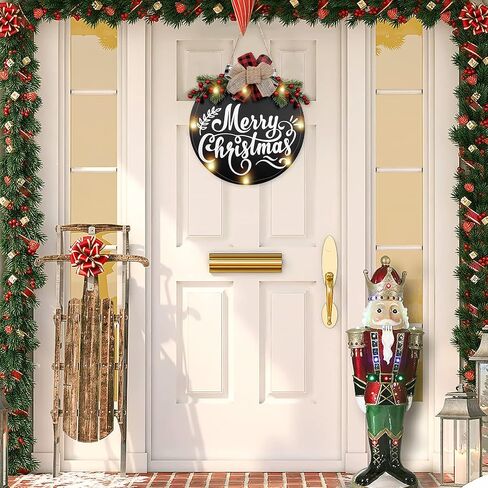 Merry Christmas Sign Decorations with LED Lights Natural Wood Red Truck Hanging Decor Christmas Reef Holiday Wreaths for Front Door Porch Wall Window Rustic Farmhouse Indoor Outdoor, White, 12 Inches in Saudi Arabia