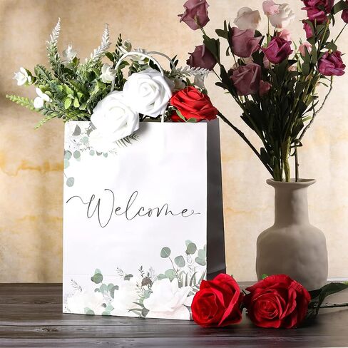 Chinco 48 Pieces Welcome Bags White Wedding Gift Bags for Hotel Guests Black Letters Wedding Bags with Handles Paper Welcome Gift Bags Party Favors Bags for Wedding Birthday Party Supplies in Saudi Arabia