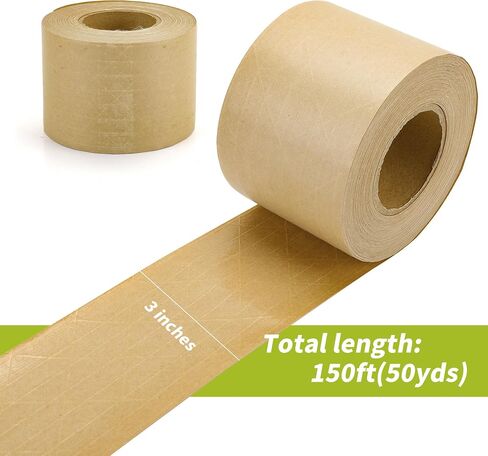 2 Rolls Reinforced Water Activated Tape,3" x150ft(50yds) Per Roll,White Gummed Kraft Paper Tape with Strong Fiberglass,Adhesive Surface is Sticky When Wet.Suit for Packing Boxes. in Saudi Arabia