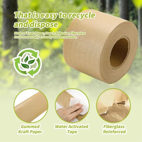 2 Rolls Reinforced Water Activated Tape,3" x150ft(50yds) Per Roll,White Gummed Kraft Paper Tape with Strong Fiberglass,Adhesive Surface is Sticky When Wet.Suit for Packing Boxes. in Saudi Arabia
