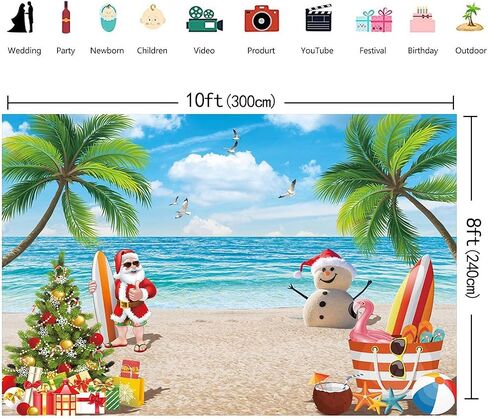 July Christmas Backdrop Banner 7X5FT Tropical Beach Christmas Photography Background Summer Hawaiian Santa Snowman Blue Sky Ocean Xmas Family Holiday Party Photo Backdrop 82x59inch in Saudi Arabia