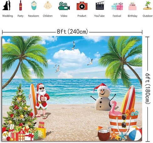 July Christmas Backdrop Banner 7X5FT Tropical Beach Christmas Photography Background Summer Hawaiian Santa Snowman Blue Sky Ocean Xmas Family Holiday Party Photo Backdrop 82x59inch in Saudi Arabia