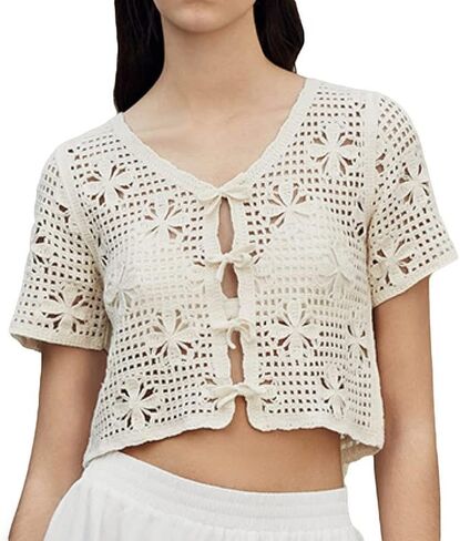 Women's Tie Front Bell Short Sleeve Cardigan Crop Top Crochet Knit V Neck Cover-up Tops in Saudi Arabia