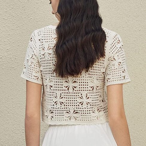 Women's Tie Front Bell Short Sleeve Cardigan Crop Top Crochet Knit V Neck Cover-up Tops in Saudi Arabia