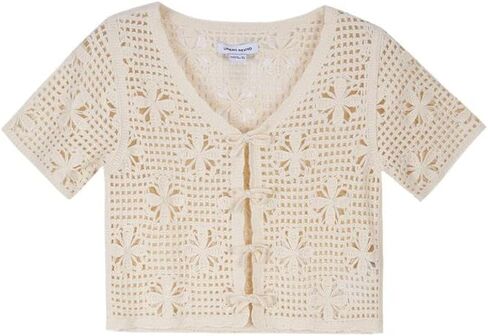 Women's Tie Front Bell Short Sleeve Cardigan Crop Top Crochet Knit V Neck Cover-up Tops in Saudi Arabia