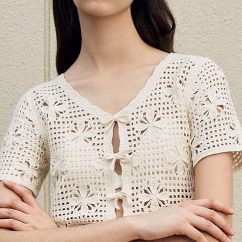 Women's Tie Front Bell Short Sleeve Cardigan Crop Top Crochet Knit V Neck Cover-up Tops in Saudi Arabia