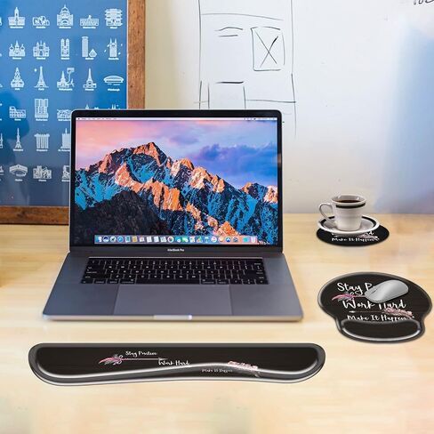 Keyboard Wrist Rest and Ergonomic Mouse Pad with Wrist Support Set,Non-Slip PU Base,Matching Cute Coaster and Multifunction Removable Elephant Pen Holder,Stay Positive Work Hard and Make It Happen in Saudi Arabia