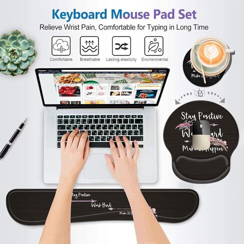 Keyboard Wrist Rest and Ergonomic Mouse Pad with Wrist Support Set,Non-Slip PU Base,Matching Cute Coaster and Multifunction Removable Elephant Pen Holder,Stay Positive Work Hard and Make It Happen in Saudi Arabia